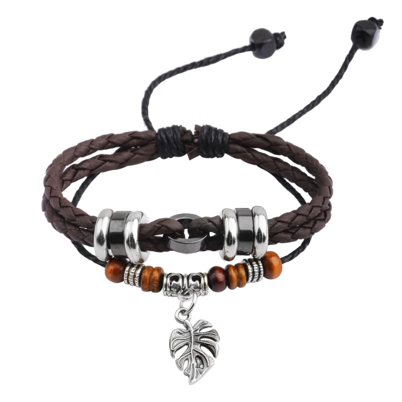 Fashion Leaf Pu Leather & Alloy Men'S Bracelet